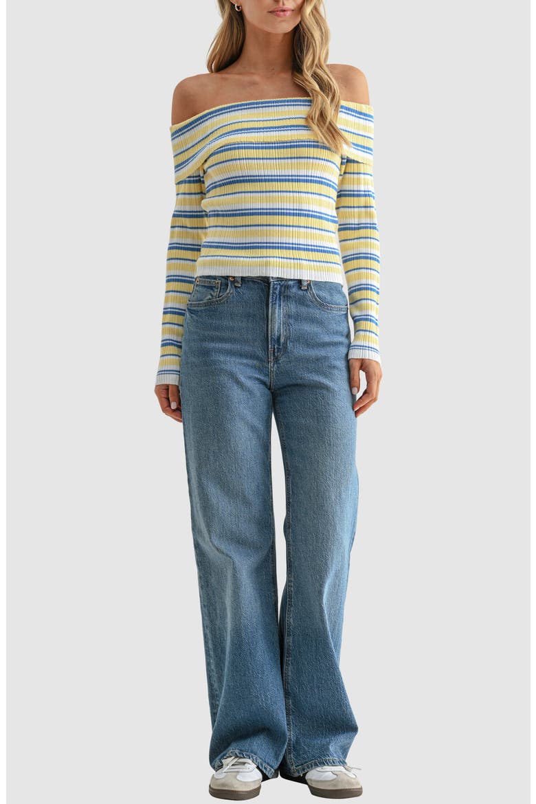Off the Shoulder Striped Ribbed Top, Alternate, color, BLUE YELLOW