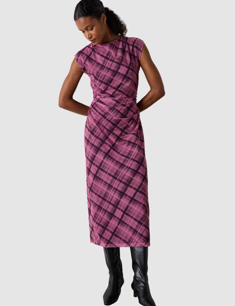 Twist Check Mesh Midi Dress