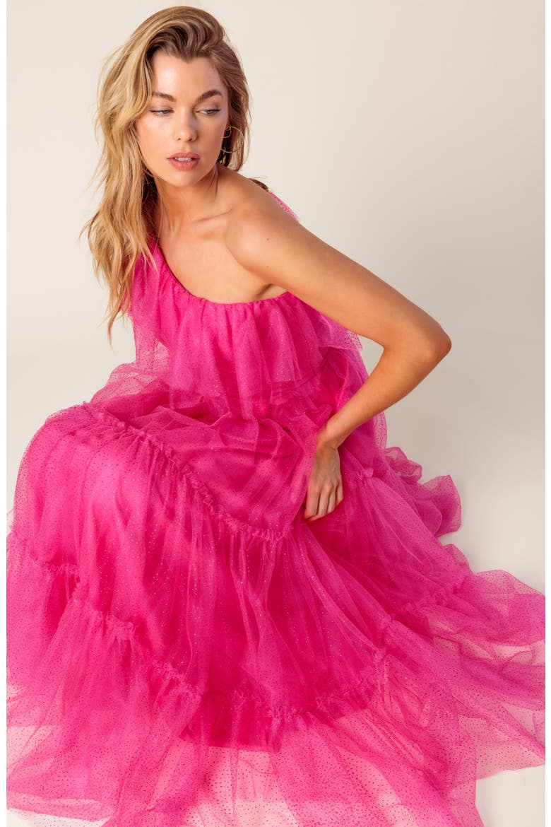 One-Shoulder Tulle Midi Dress, Alternate, color, FUCHSIA