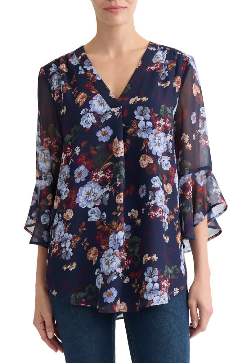 Petite Floral Flutter Sleeve Top, Main, color, PACIFIC NAVY MULTI