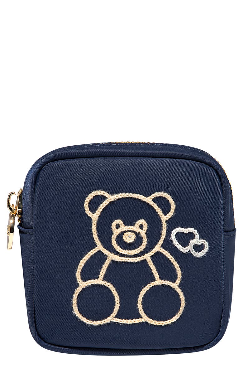 Stoney Clover Lane Mini Embroidered Bear Pouch, Main, color, Sapphire