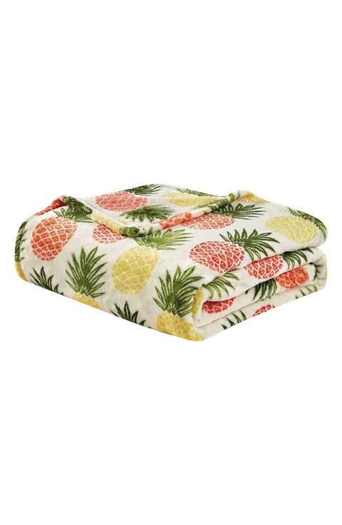 Tropical Pineapple Print Plush Throw Blanket