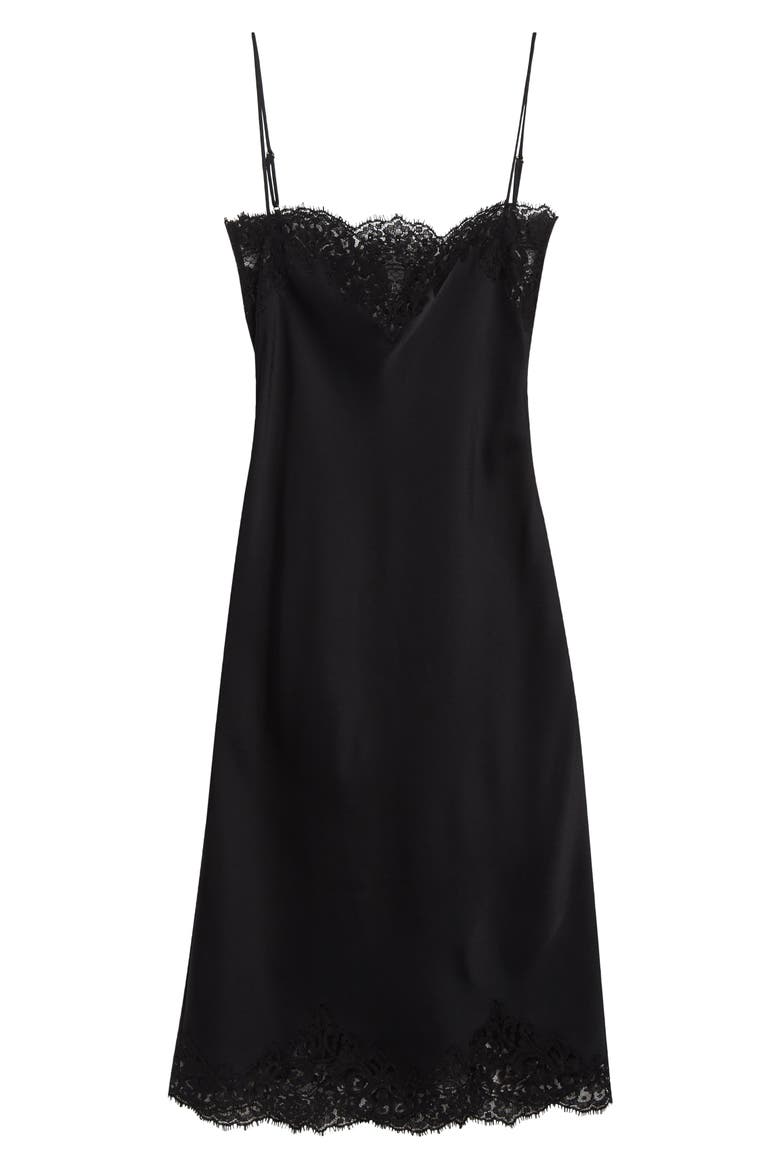 Iconic Lace Trim Satin Slipdress, Alternate, color, BLACK