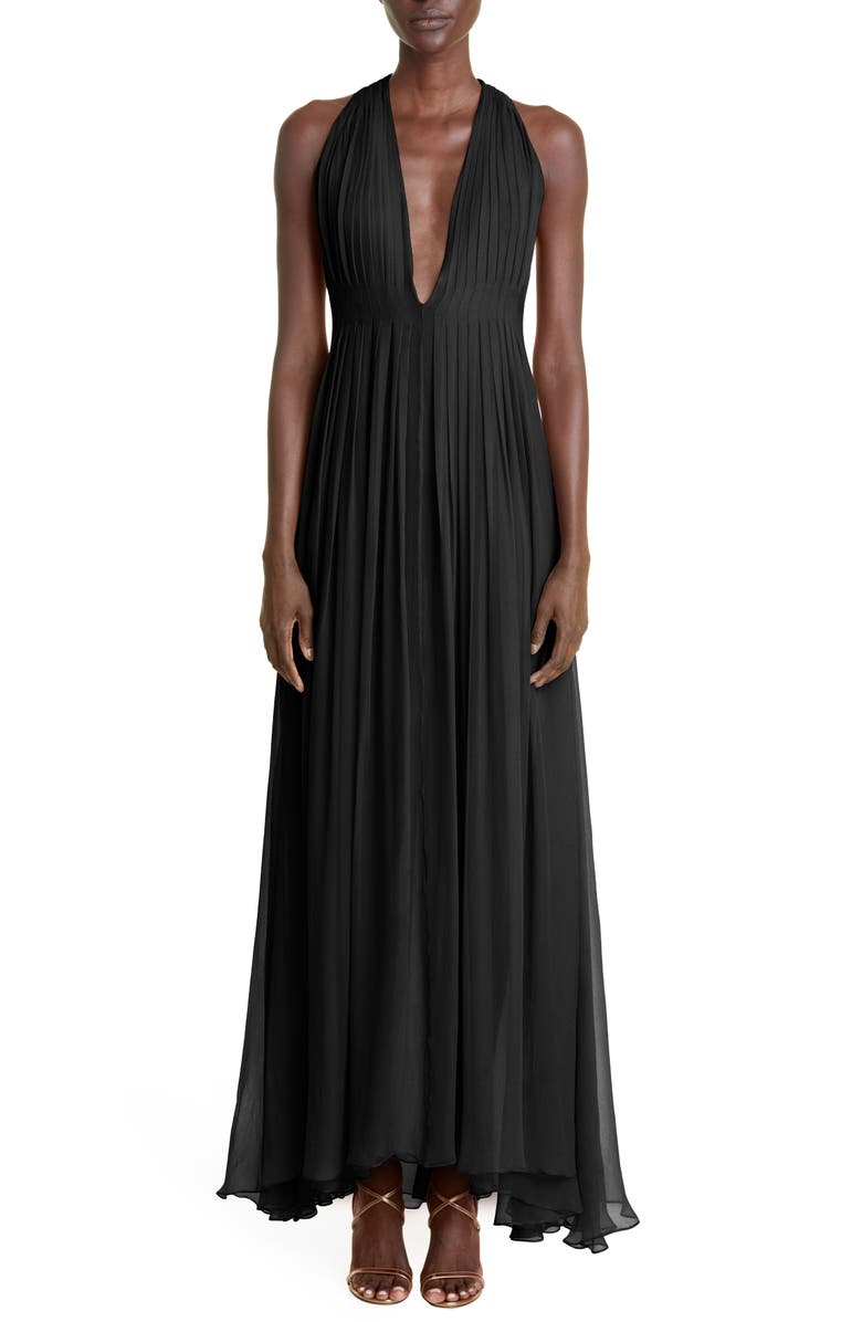 Adam Lippes Pleated Plunge Neck Silk Chiffon Maxi Dress, Main, color,