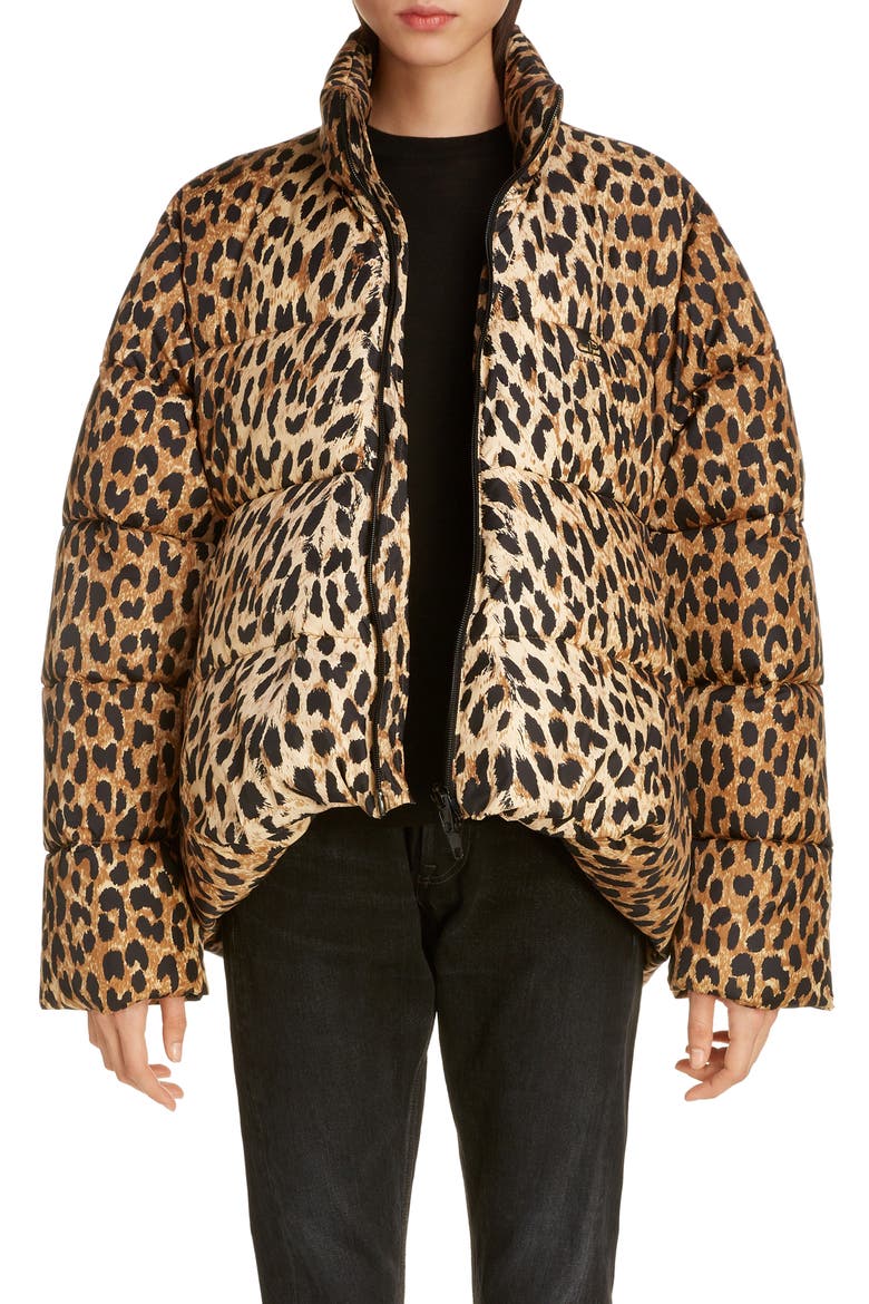 Leopard Print Nylon Cocoon Puffer Coat, Main, color, BEIGE