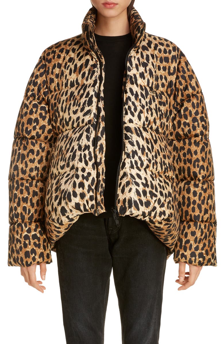 Balenciaga Leopard Print Nylon Cocoon Puffer Coat, Main, color,