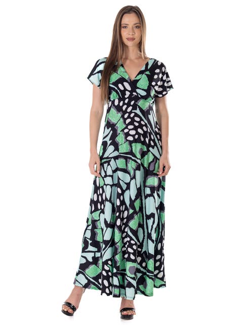 Oversized Butterfly Print V-Neck Empire Waist Kimono Cap Sleeve Maxi Dress