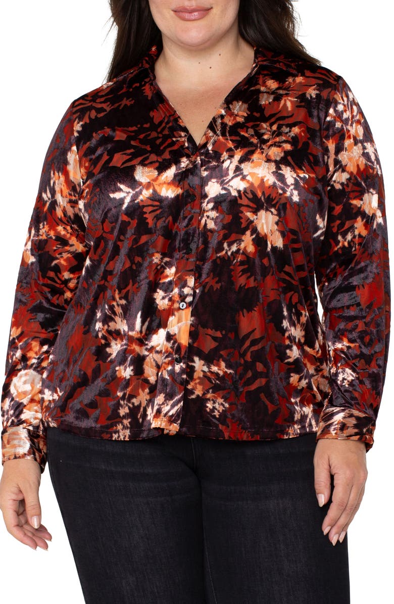Liverpool Los Angeles Floral Print Burnout Velvet Shirt, Main, color, 