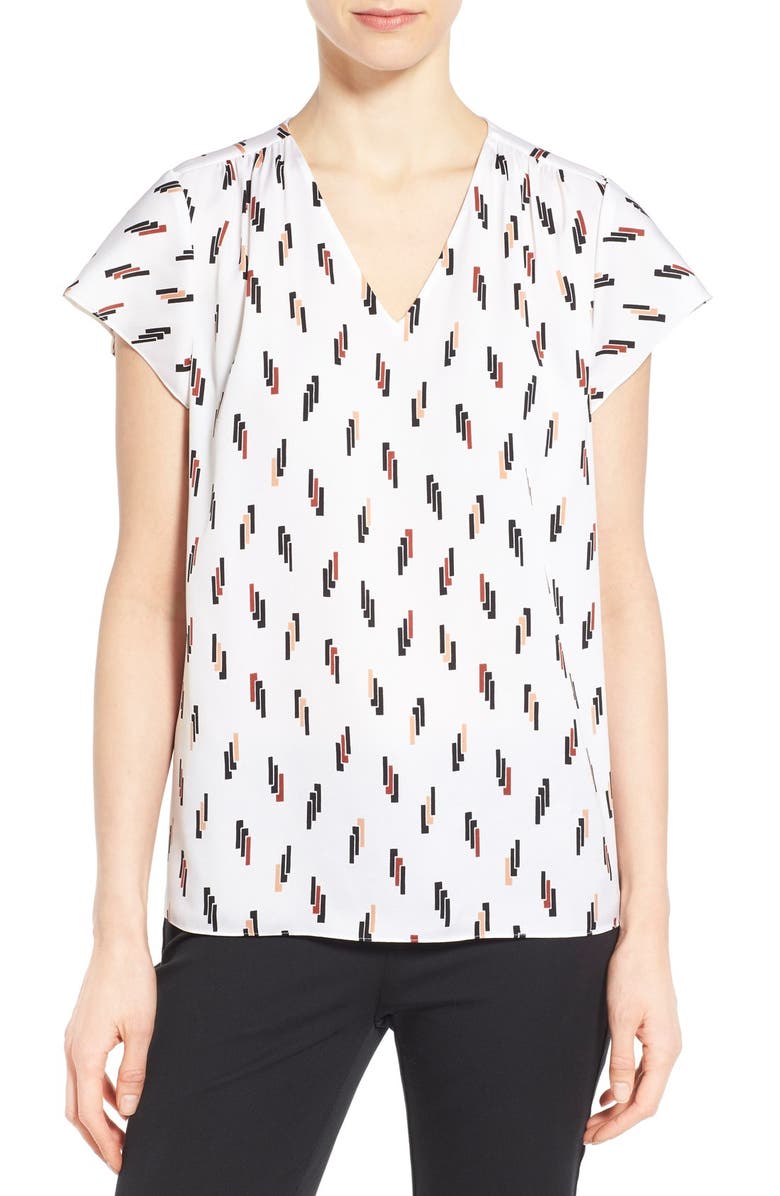 Nordstrom Collection Print Stretch Silk Short Sleeve V-Neck Blouse, Main, color, Ivory Dashing Lines Print