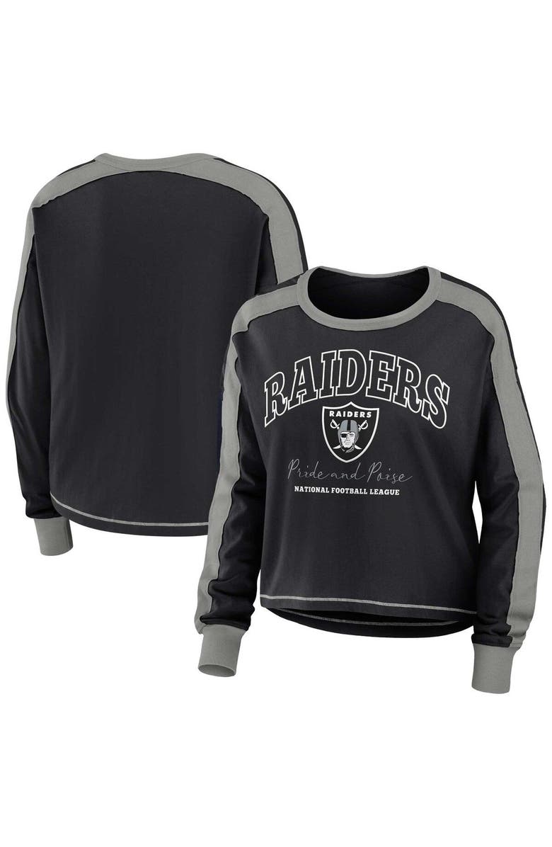WEAR by Erin Andrews Women's WEAR by Erin Andrews Black/Silver Las Vegas Raiders Color Block Modest Crop Long Sleeve T-Shirt, Main, color, Black