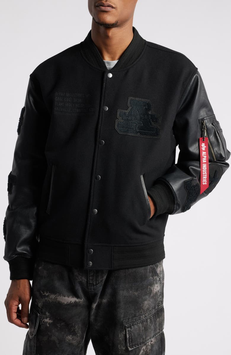 Alpha Industries Leather MA-1 Varsity Wool & Faux Leather Jacket, Alternate, color, Black