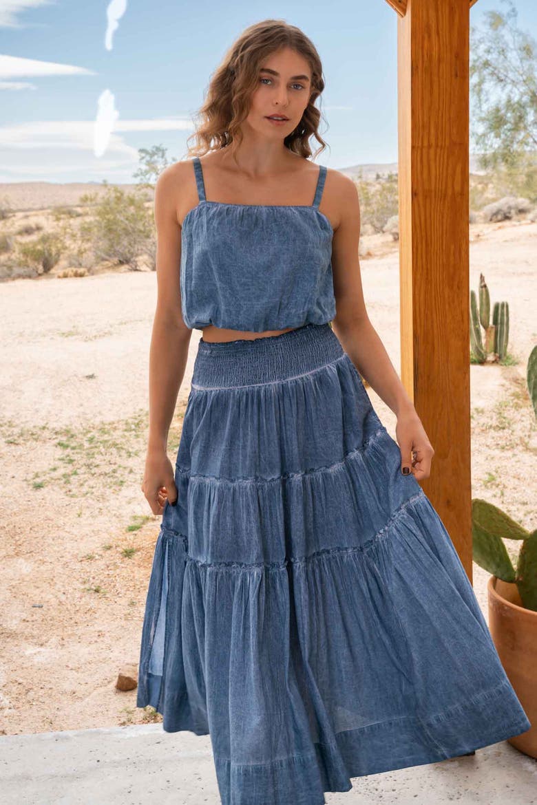 Charlie Stonewash Denim-Look Smock Waist Slit Skirt, Alternate, color, Stonewash