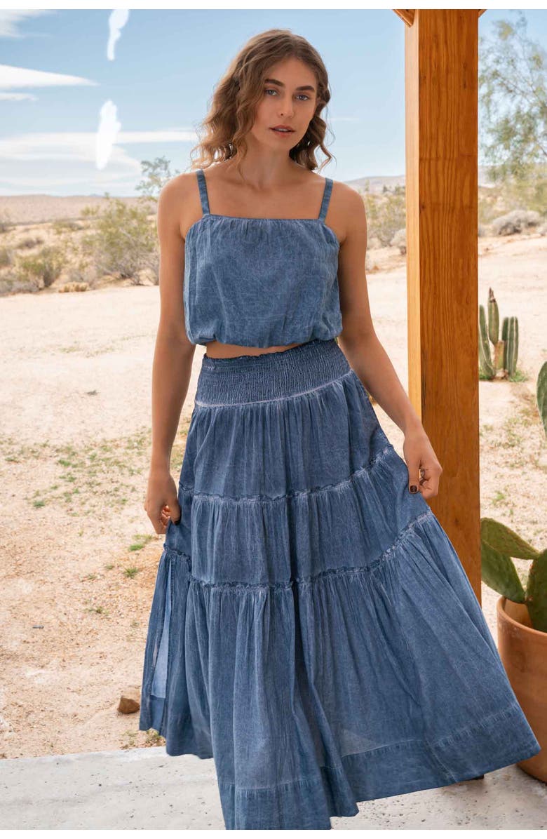 Change of Scenery Charlie Stonewash Denim-Look Smock Waist Slit Skirt, Alternate, color, Stonewash