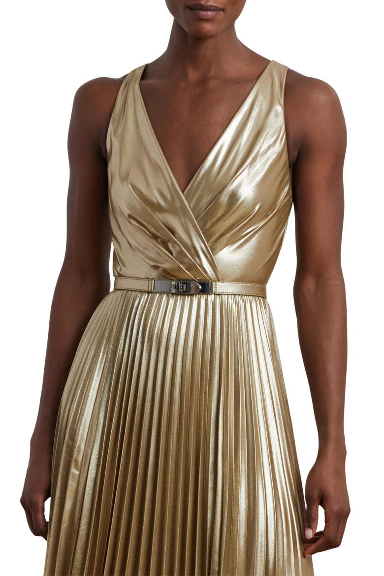 Pleated Metallic Chiffon Gown, Alternate, color, TAN/ LIGHT GOLD FOIL