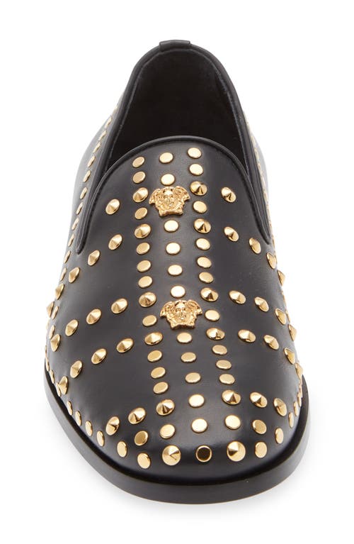 Versace Studded Medusa Leather Loafers In Black- Gold