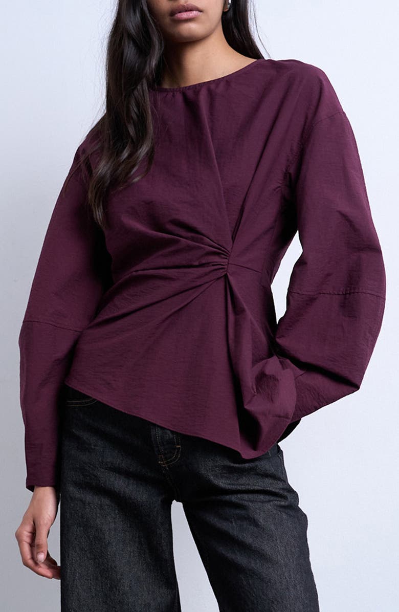 Topshop Asymmetric Pleat Long Sleeve Top, Main, color, Burgundy