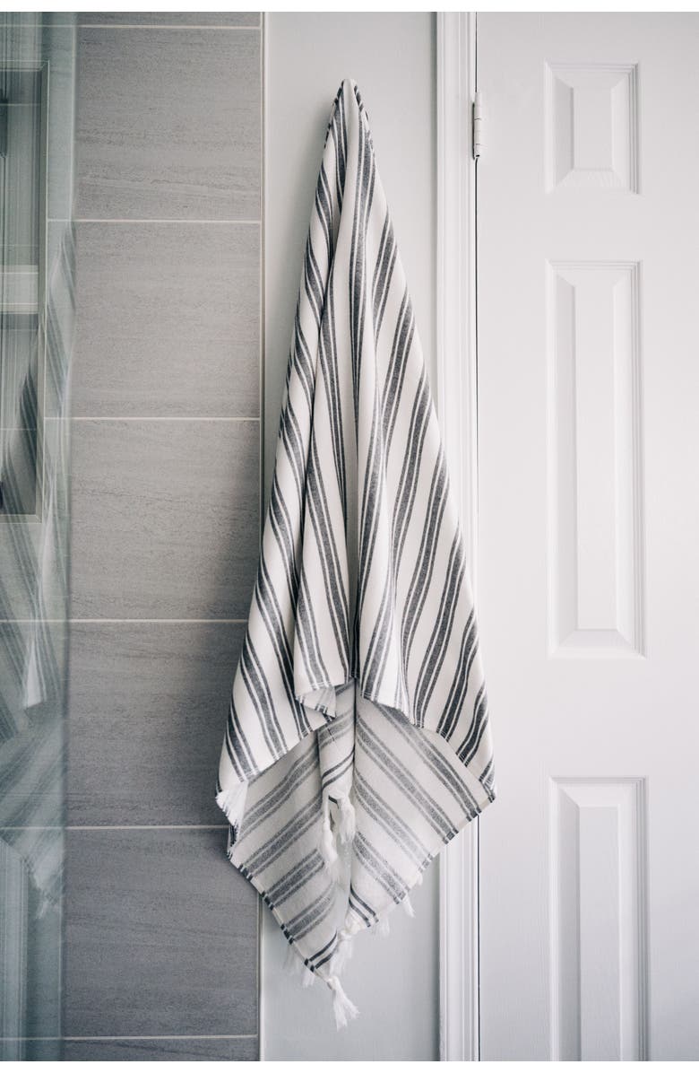 InfuseZen Bask Striped Organic Turkish Towel with Soft Terry Cloth Back, Alternate, color, Black