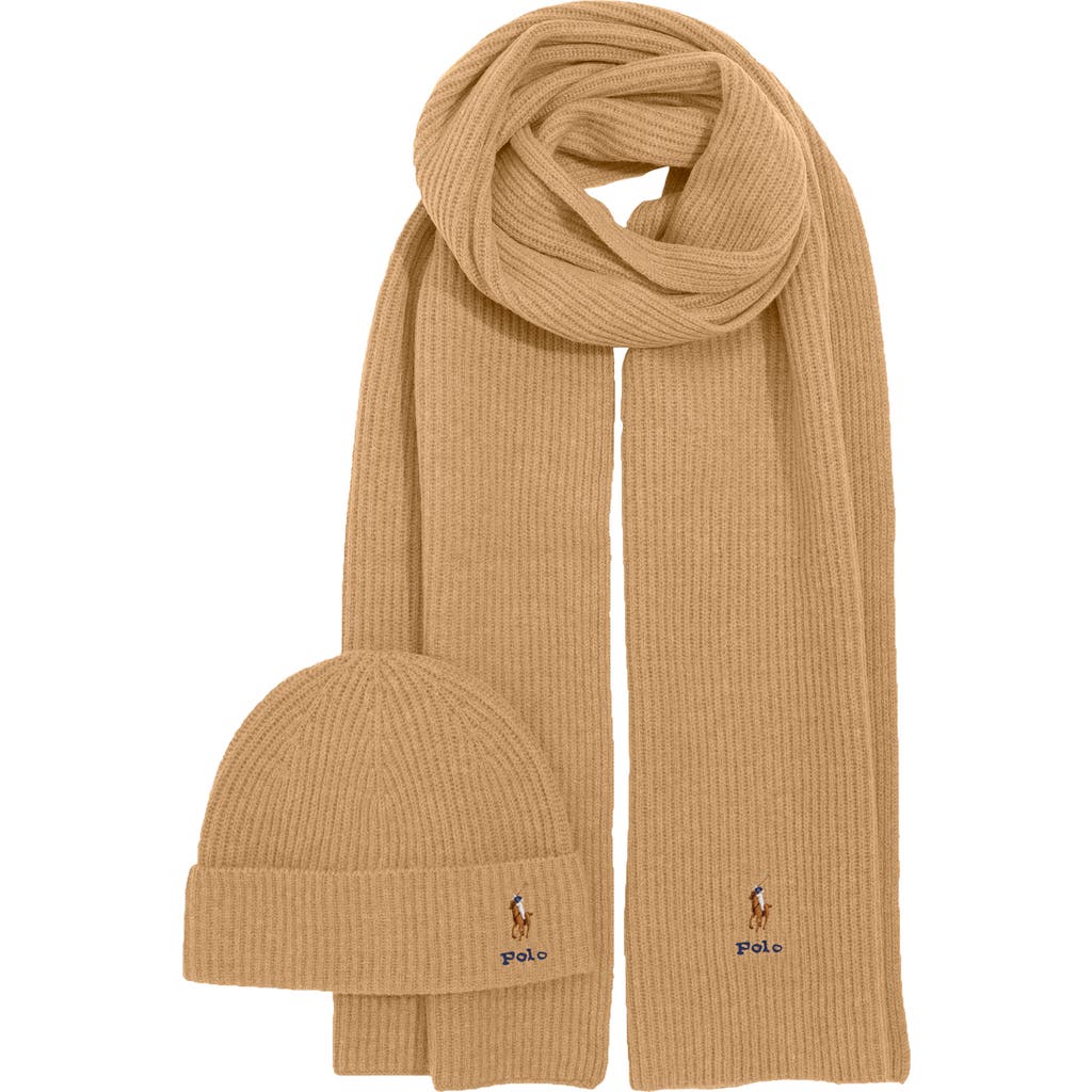 Polo Ralph Lauren Pony Merino Wool Hat & Scarf Set In Brown