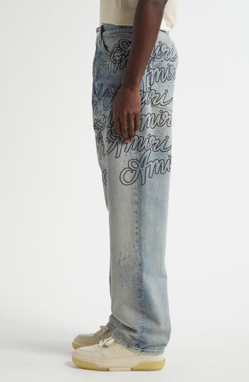 Script Distressed Straight Leg Jeans