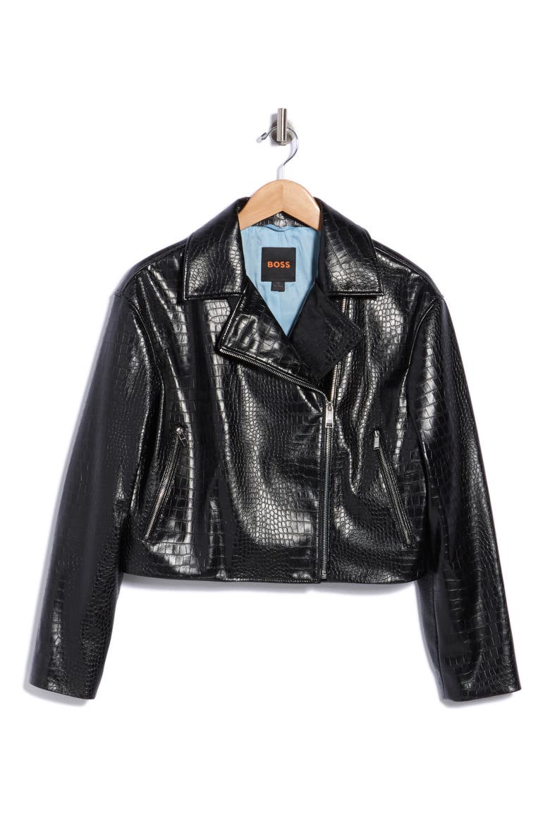 Jaby Croc Embossed Faux Leather Jacket, Main, color, BLACK