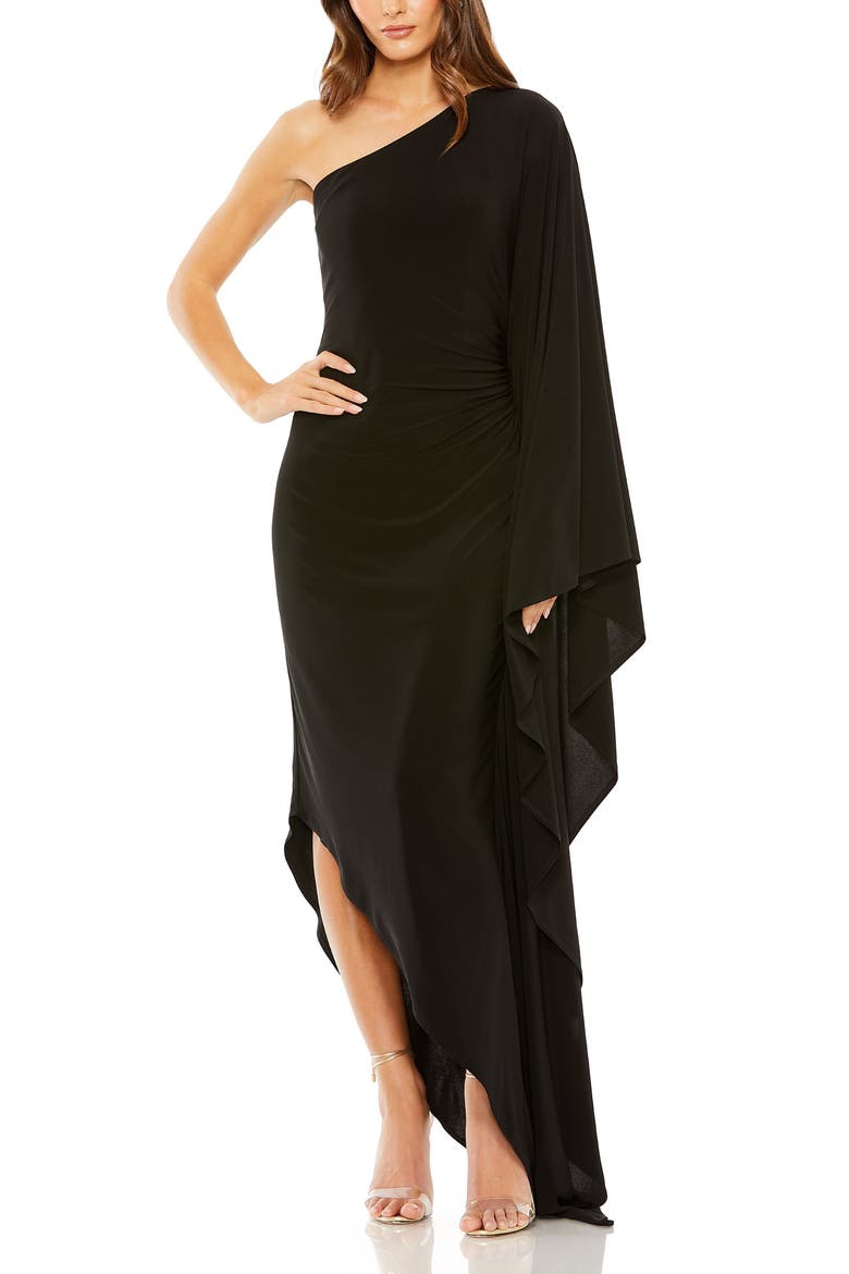 One Shoulder Cape Sleeve Ruched Detail Jersey Gown, Main, color, Black