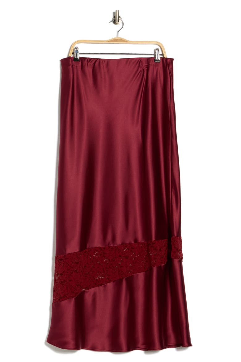Lace Trim Satin Maxi Skirt, Alternate, color, RED