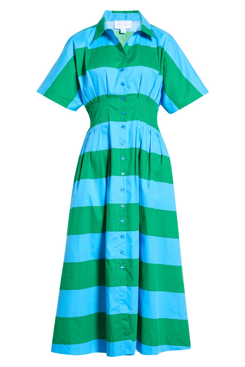 Wilderra Pleated Cotton Maxi Shirtdress, Alternate, color, BLUE-GREEN-STRIPE