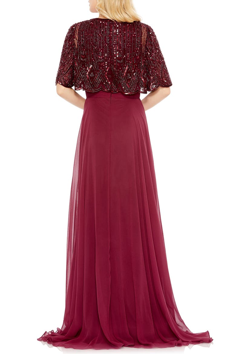 Sleeveless Caped Beaded Overlay A-Line Gown, Alternate, color, AUBURGINE