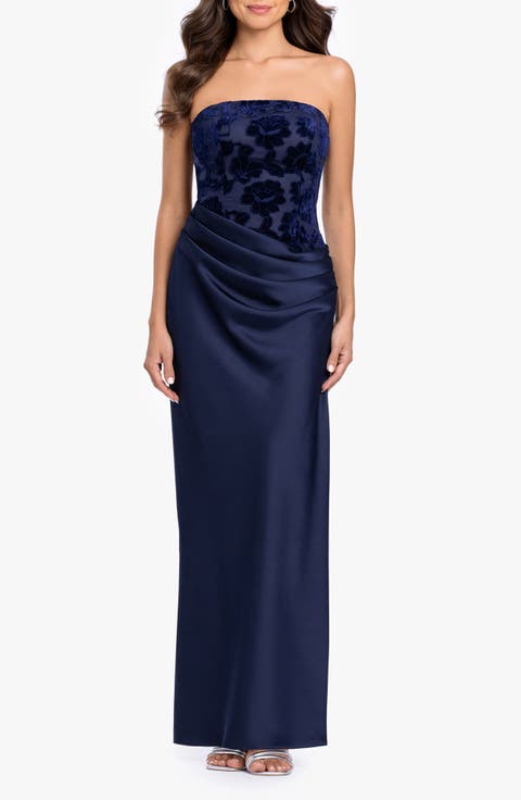 Velvet Burnout Bodice Strapless Sheath Gown