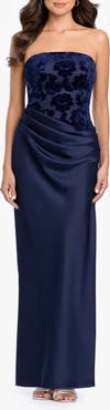 Betsy & Adam Velvet Burnout Bodice Strapless Sheath Gown