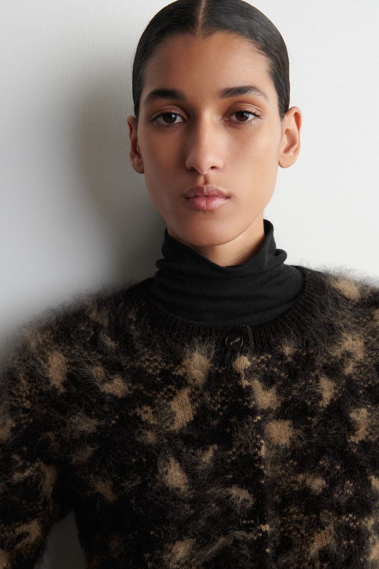 Animal-jacquard Merino Wool Cardigan, Alternate, color, BLACK / BROWN