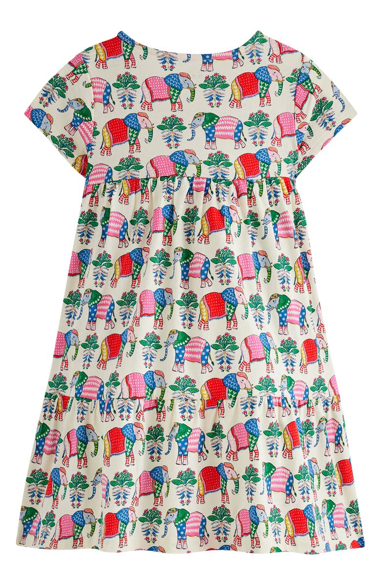 Mini Boden Kids' Twirly Cotton Jersey T-Shirt Dress, Alternate, color, Multi Elephant Woodblock