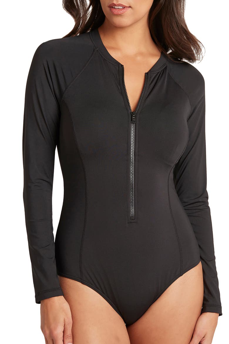 Front Zip One-Piece Swimsuit, Alternate, color, BLACK