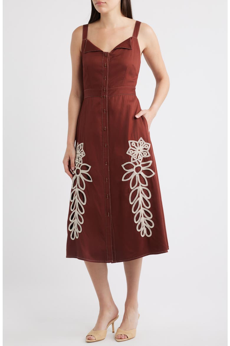 Joy Embroidered A-Line Dress, Main, color, BROWN