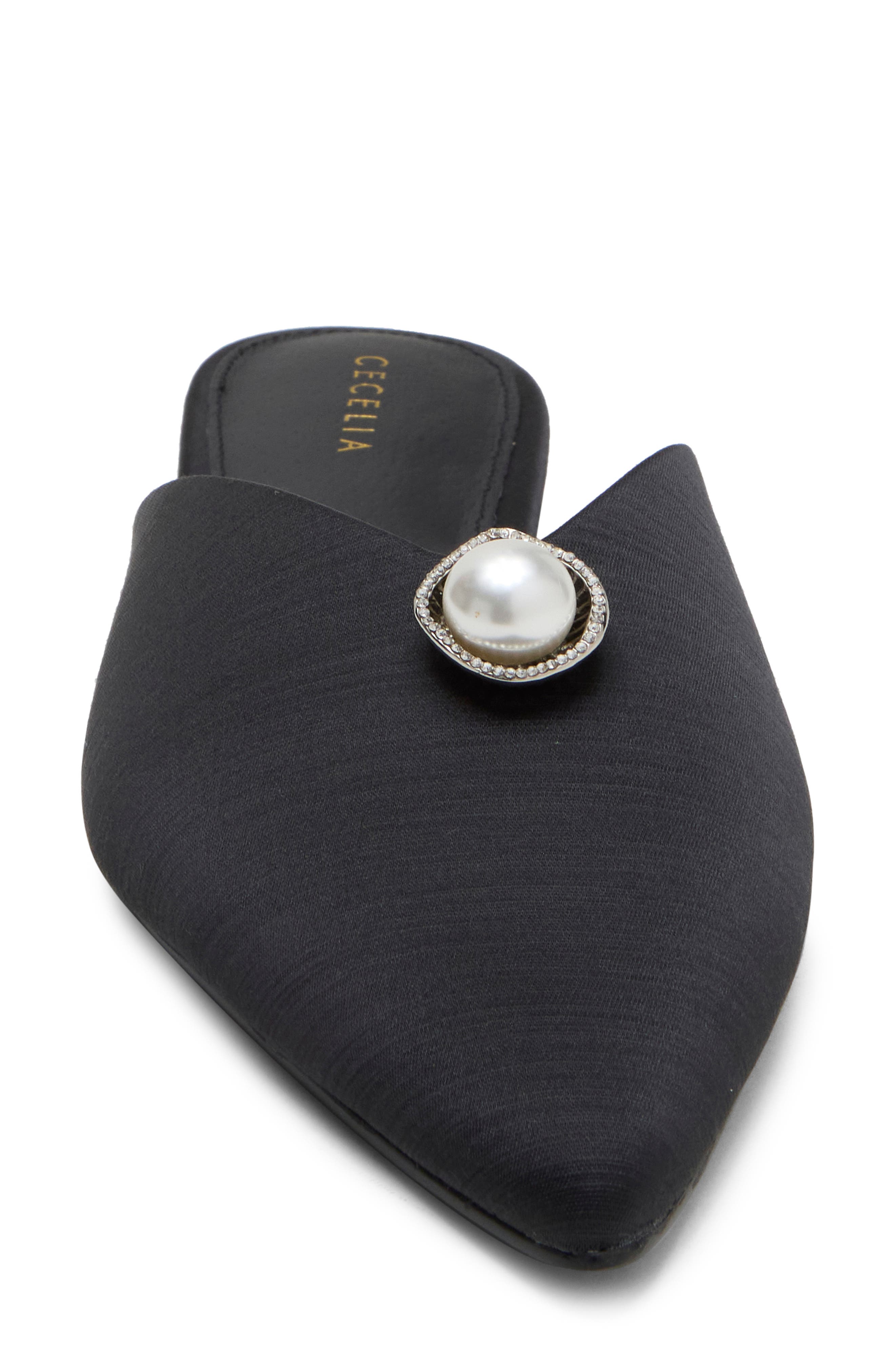 Beatrice Faux Pearl & Crystal Embellished Mule, Alternate, color, BLACK SATIN