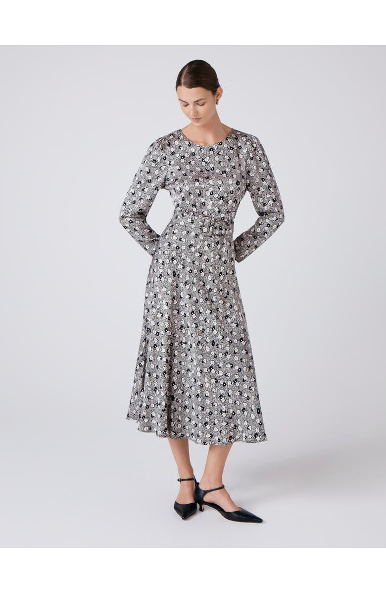 Ghost London Sophia Floral Satin Midi Belted Dress, Alternate, color, Black Daisy