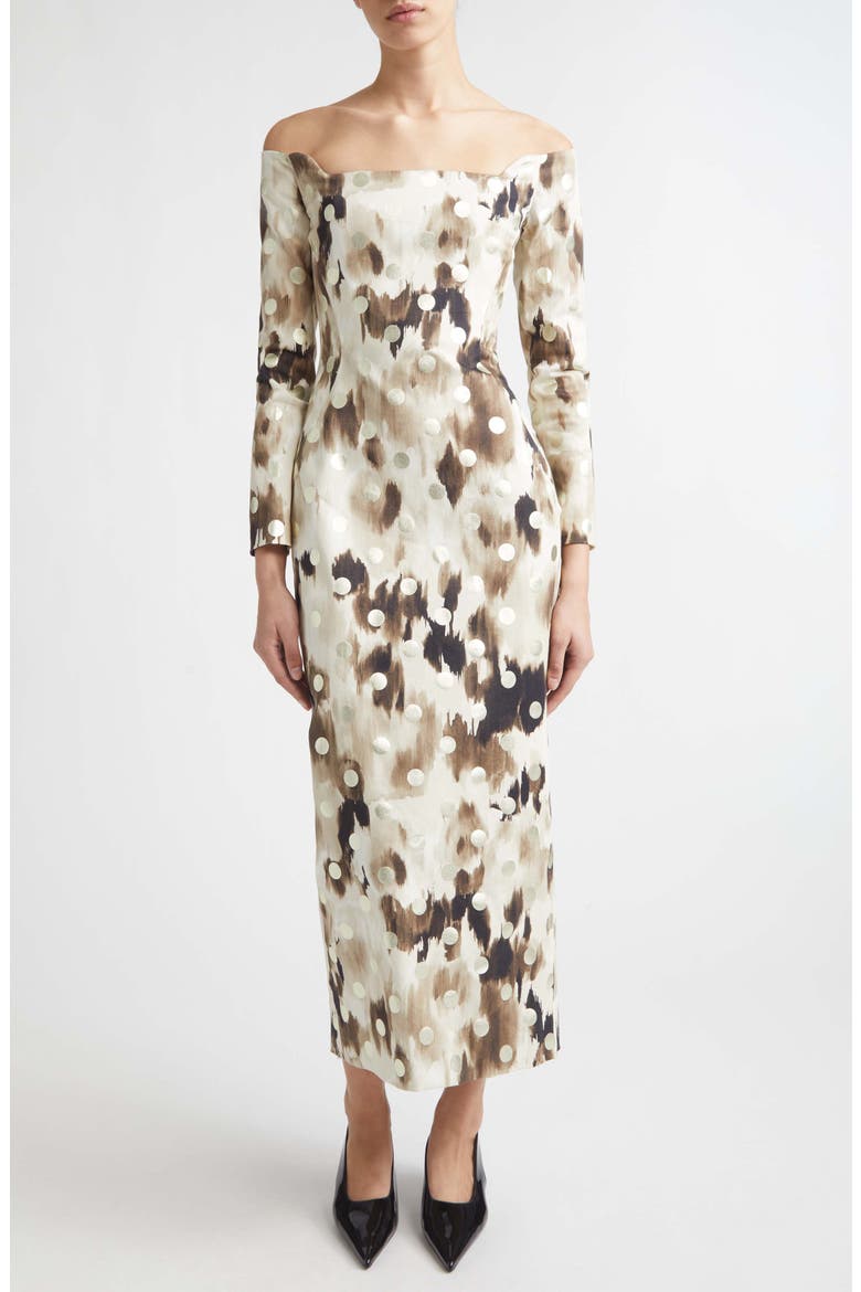 Ikat Polka Dot Off the Shoulder Midi Dress, Main, color, CREAM MULTI