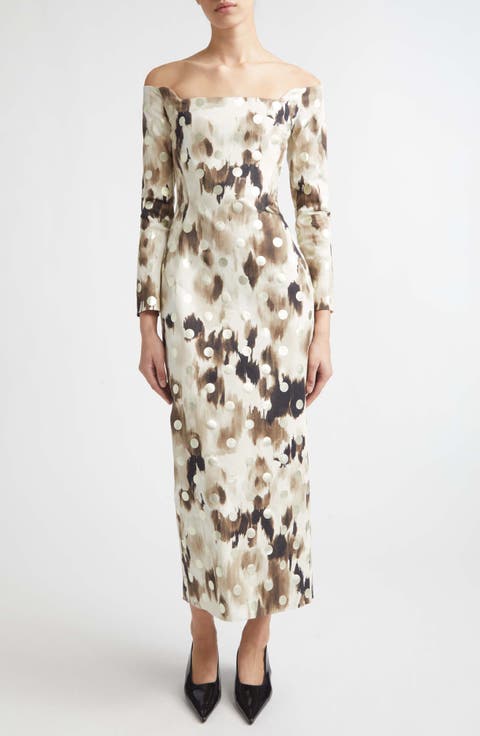 Ikat Polka Dot Off the Shoulder Midi Dress