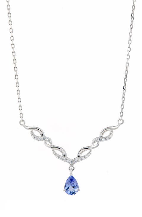 Rhodium Plated Sterling Silver Tanzanite & Zircon Pendant Necklace