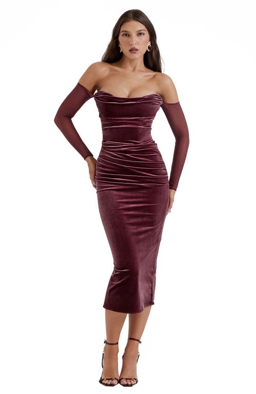 House Of Cb Cleora Off The Shoulder Long Sleeve Stretch Velvet Maxi Dress