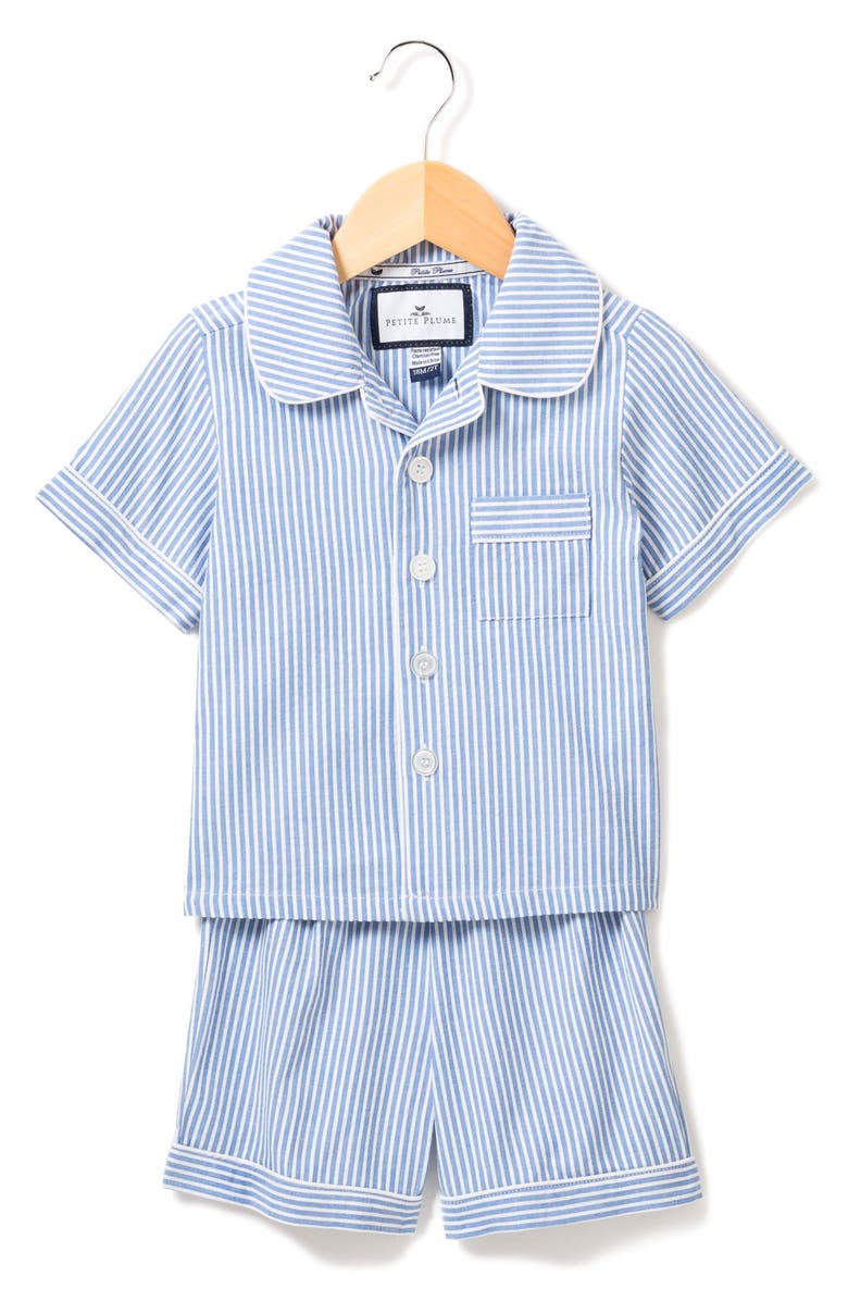 Petite Plume Kids' Seersucker Stripe Short Two-Piece Pajamas, Main, color, Blue