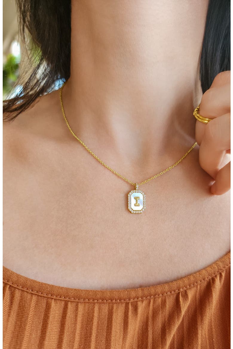 Crystal Mother of Pearl Initial Pendant Necklace, Alternate, color, GOLD-N