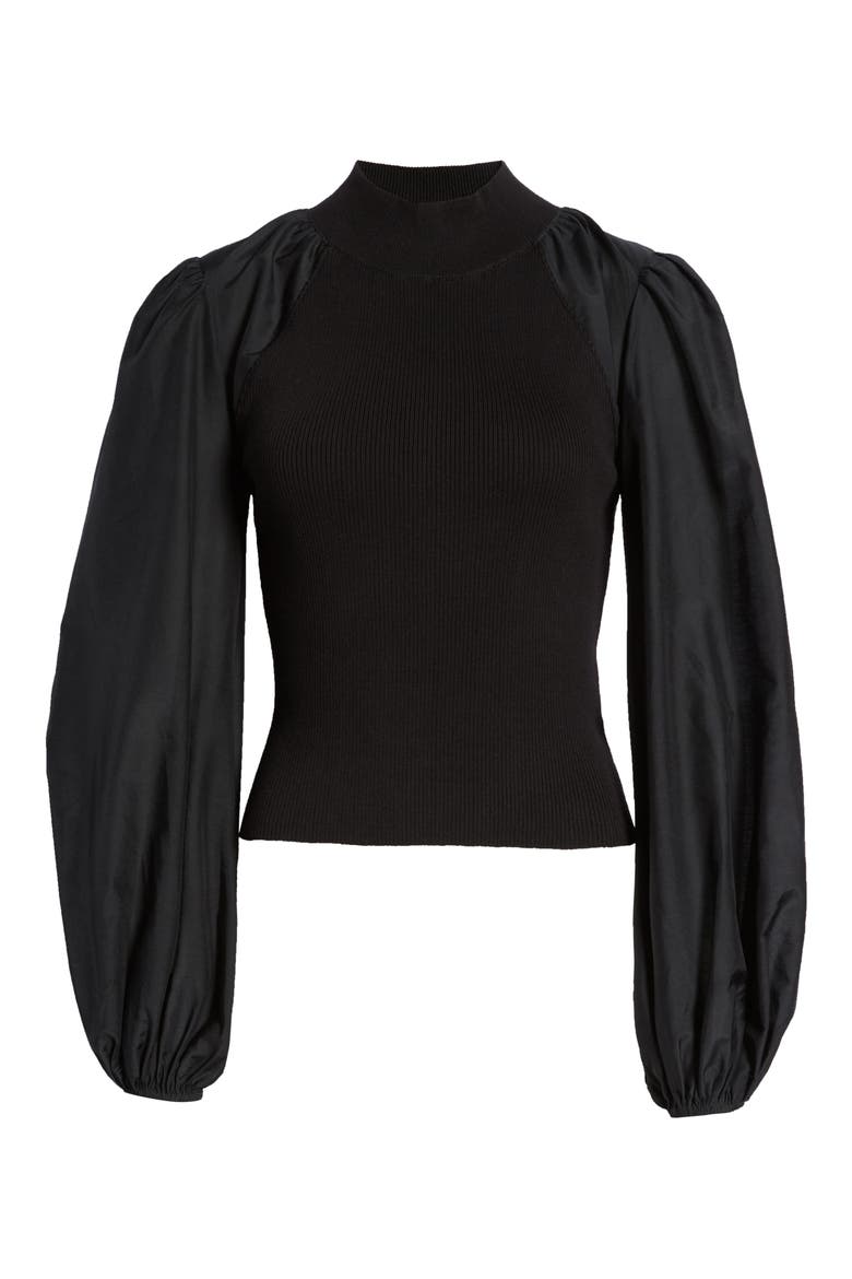 Cleo Mixed Media Balloon Sleeve Cotton Blend Blouse, Alternate, color, BLACK