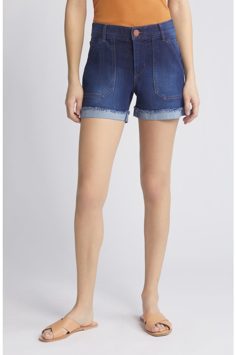 'Ab'Solution Patch Pocket High Waist Denim Shorts, Main, color, IN INDIGO