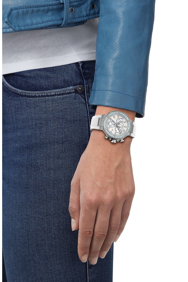 T-Race Chronograph Silicone Strap Watch, 38mm, Alternate, color, WHITE MOTHER OF PEARL