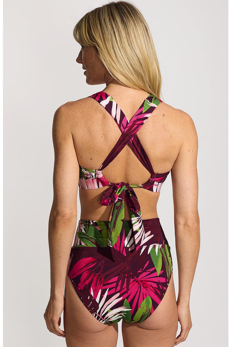Chlorine Resistant V-neck Midkini Swimsuit Top and High Leg High Waisted Bottoms 2 Piece Set, Alternate, color, Dark Wine Multi Tropical Palm