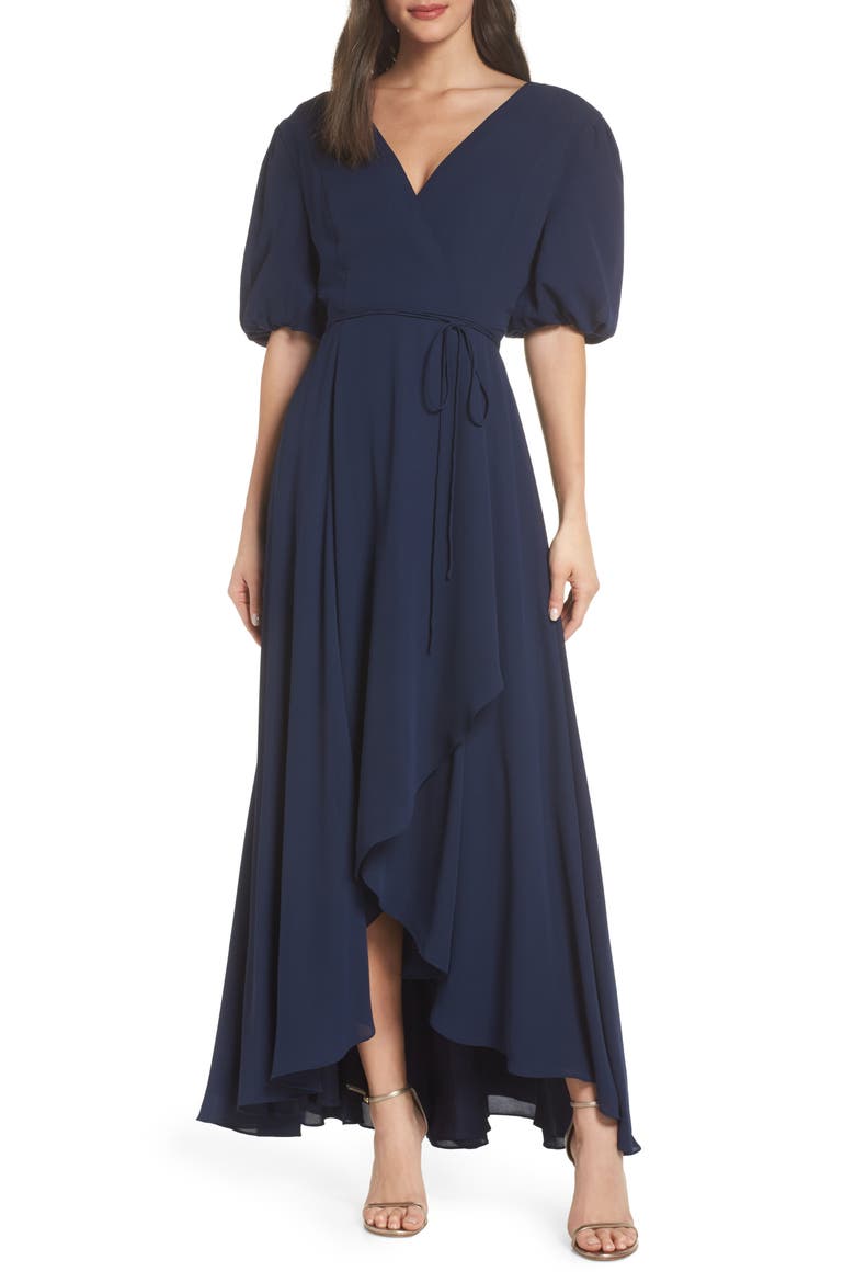 V-Neck Georgette Wrap Gown, Main, color, NAVY