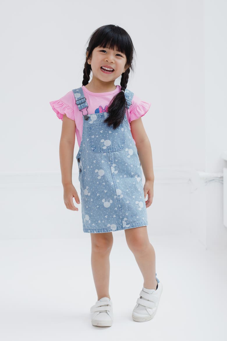 Minnie Mouse Denim 2-Piece Overall Dress and T-Shirt Set, Alternate, color, Minnie Pink Blue