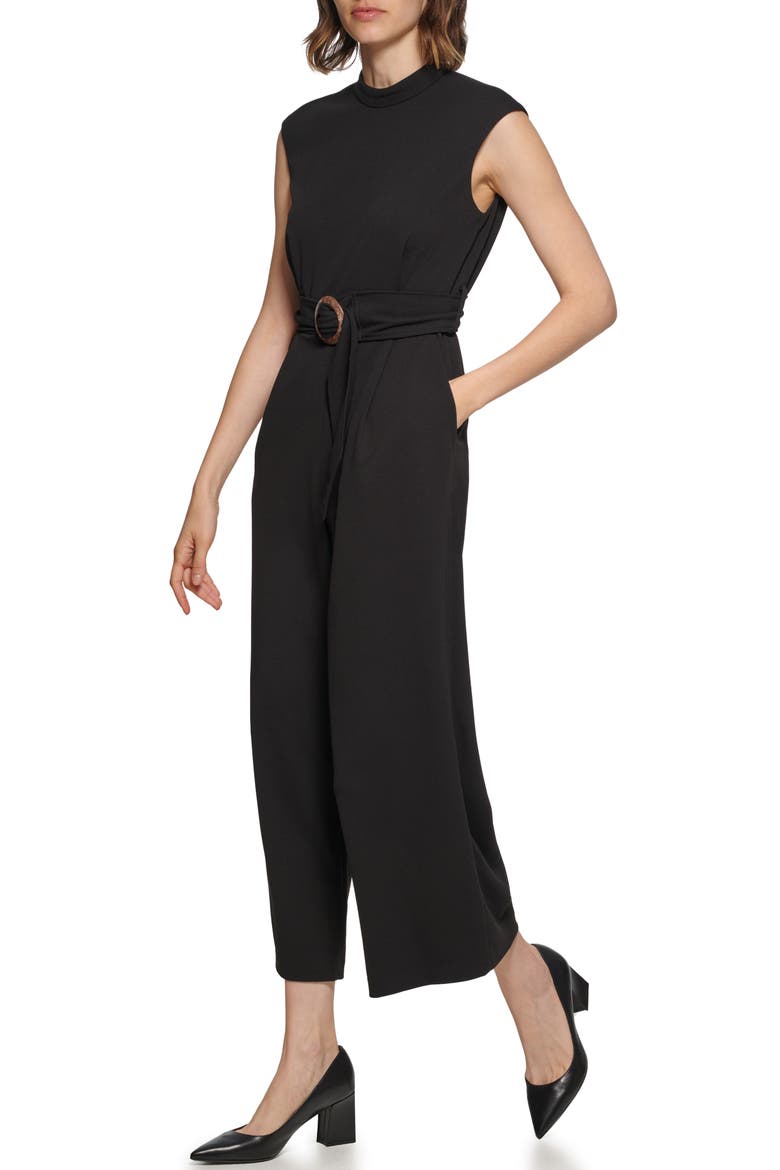 Belted Scuba Crepe Jumpsuit, Alternate, color, BLACK