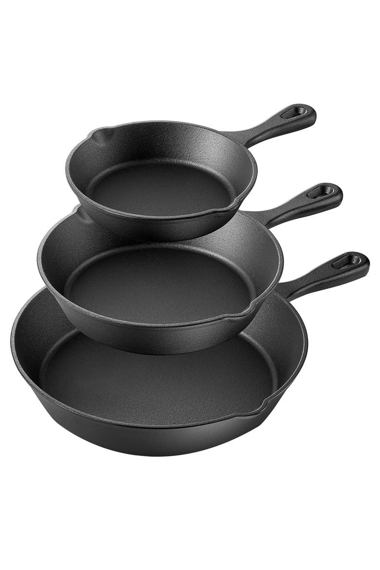 Pre-Seasoned 3 Piece Cast Iron Skillet Set, Main, color, Black